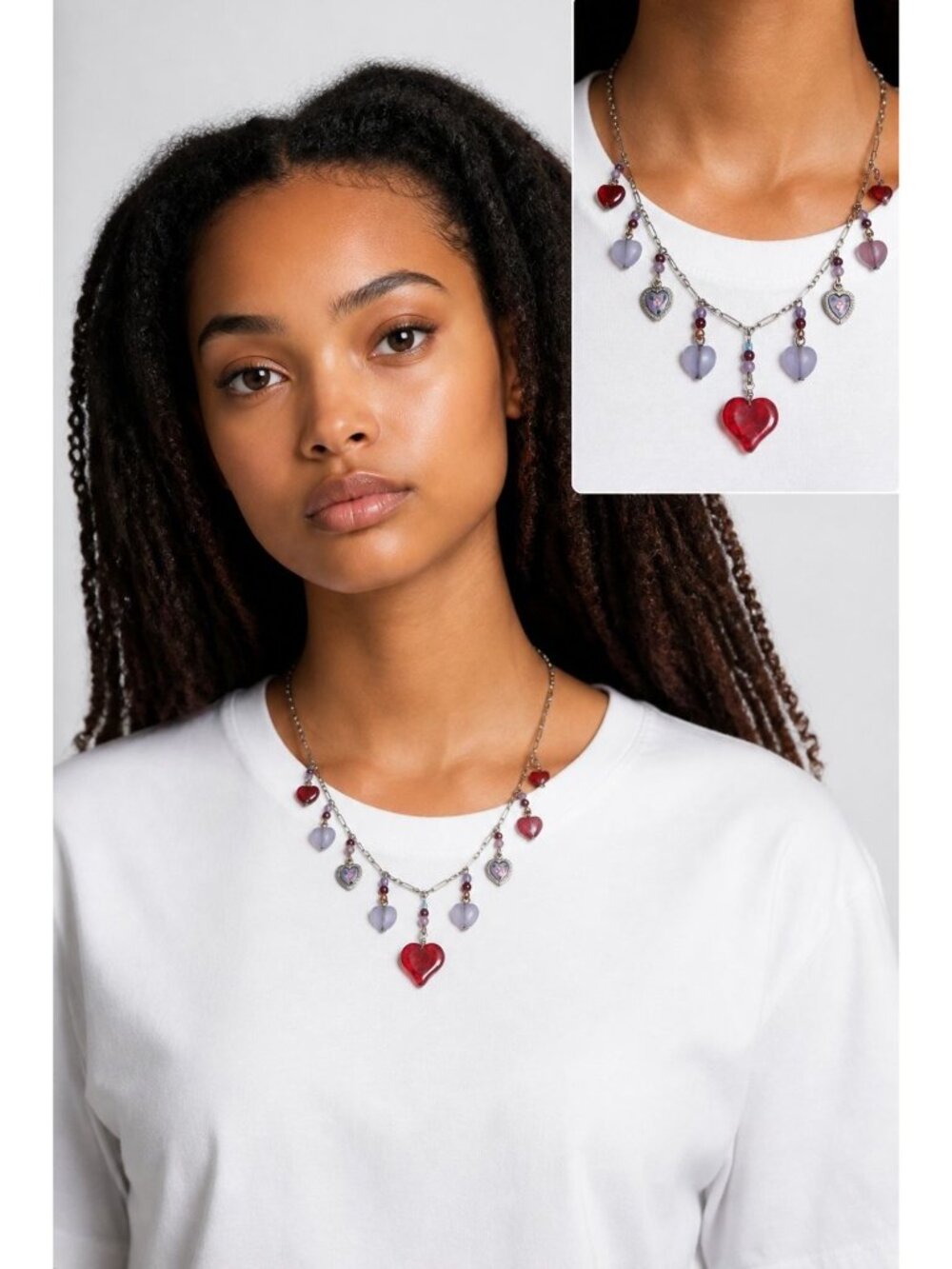 Vintage Handmade Lucy Isaacs NYC Heart Charm Necklace Red Glass Frosted Beads